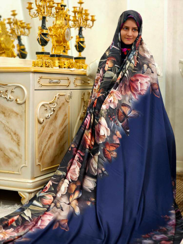 چادر سفید مجلسی جنس سیلک زمینه سورمه ای تیره