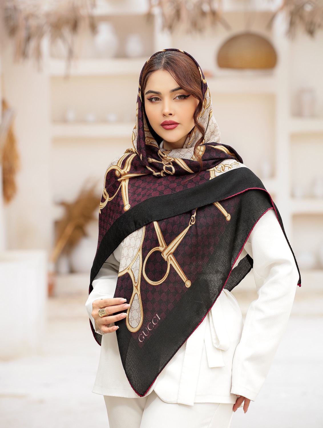 روسری نخی سیا اسکارف زرشکی کرم