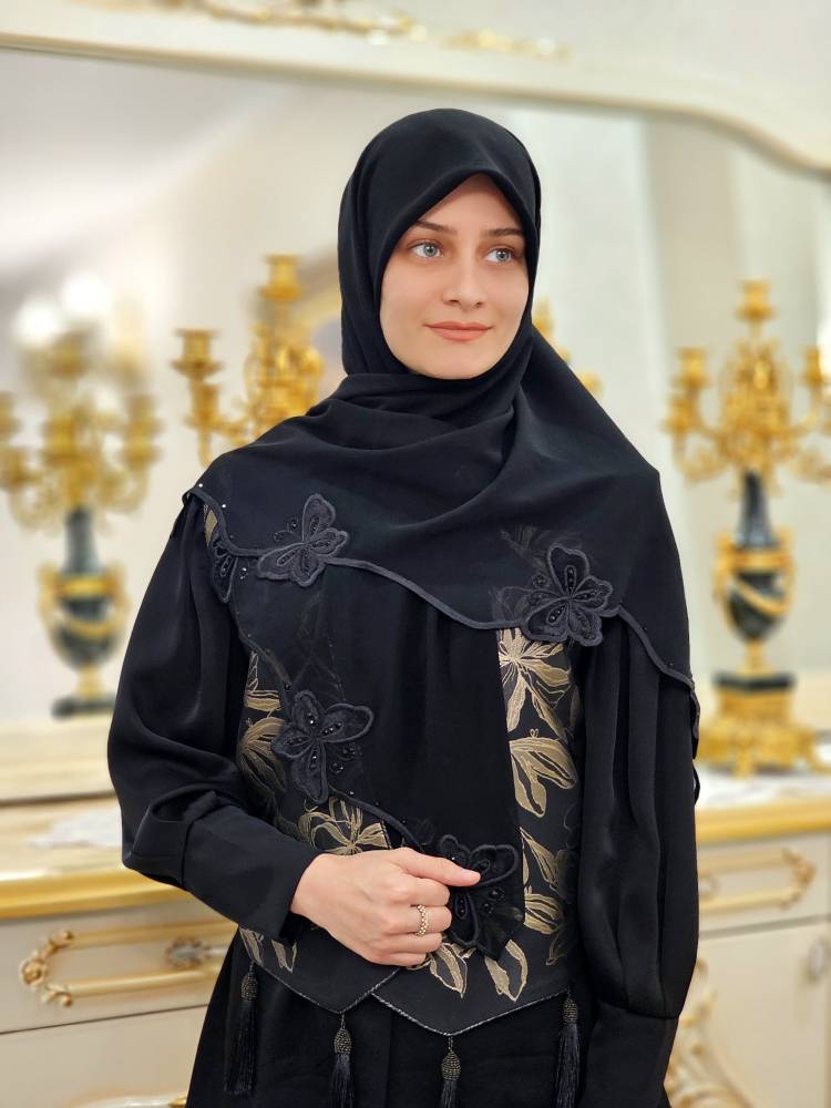 روسری حریر کرپ وارداتی مشکی نگین دار