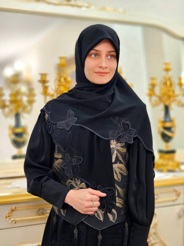 روسری حریر کرپ وارداتی مشکی نگین دار