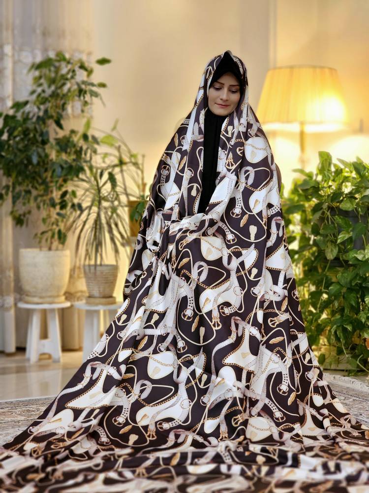 چادر سیلک ابریشم قهوه ای سفید کمربندی