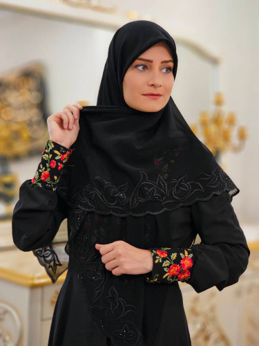 روسری کرپ حریر مشکی مزونی نگین دار