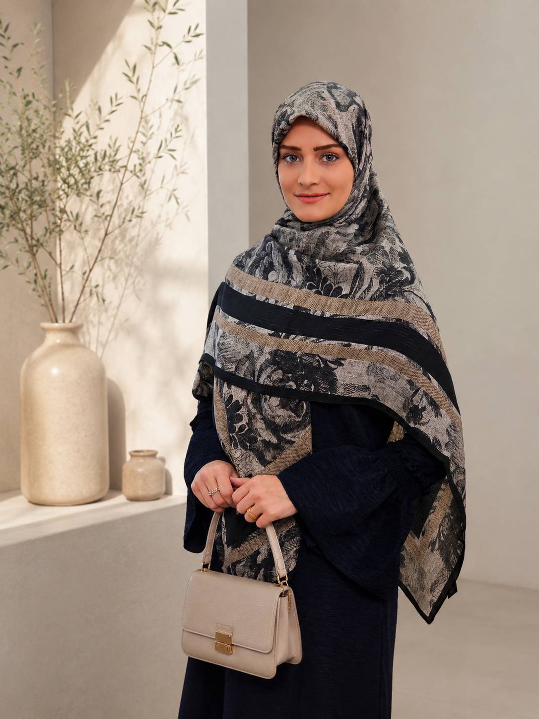 روسری نخی لمه رنگ موکا کرم