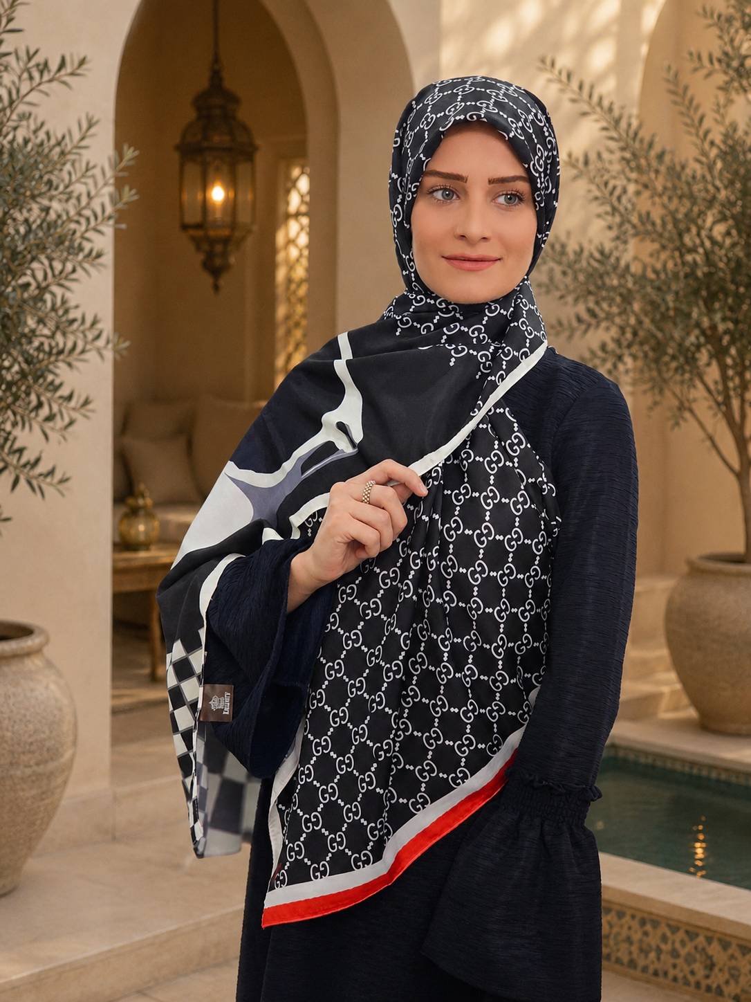 شال نخی مشکی سفید