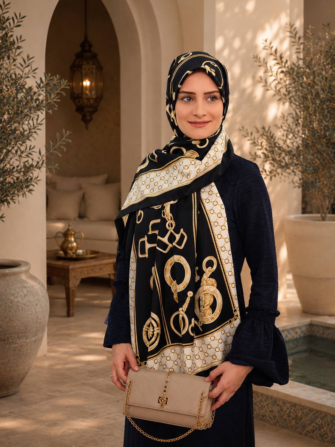 شال ابریشم توییل مشکی طلایی