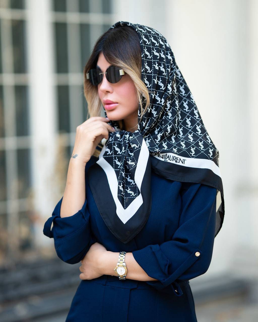 روسری حریر کرپ سفید مشکی قواره ۱۰۰