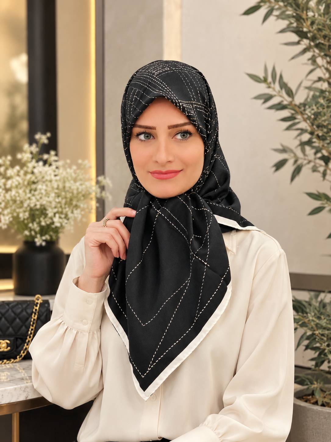 روسری سایز ۹۰ کیفیت مستر وارداتی مشکی سفید