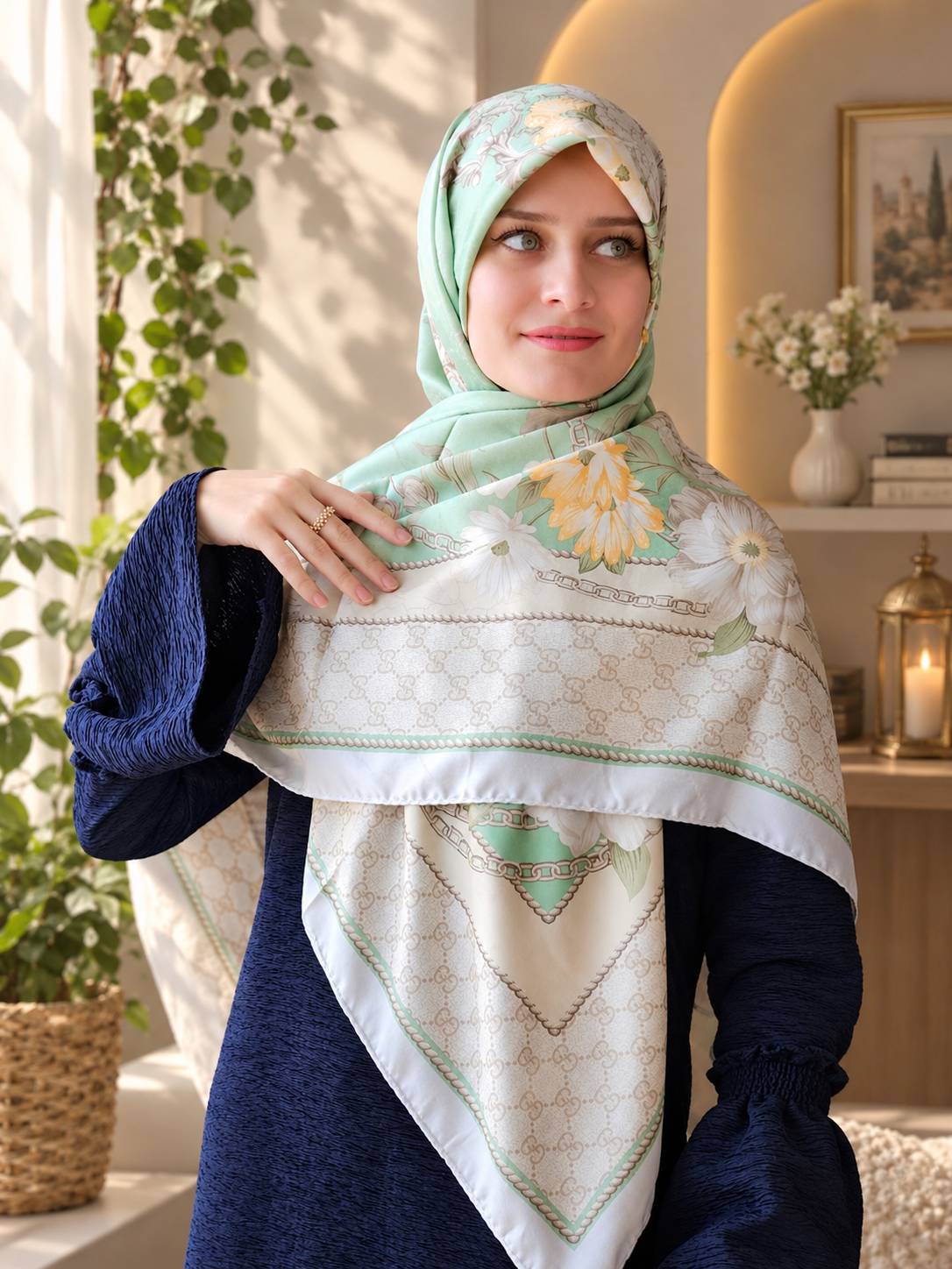 روسری ابریشم ژاکارد وارداتی سبز پاستلی سایز ۱۴۰