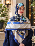 روسری ابریشم ژاکارد وارداتی سرمهای آبی سایز ۱۴۰
