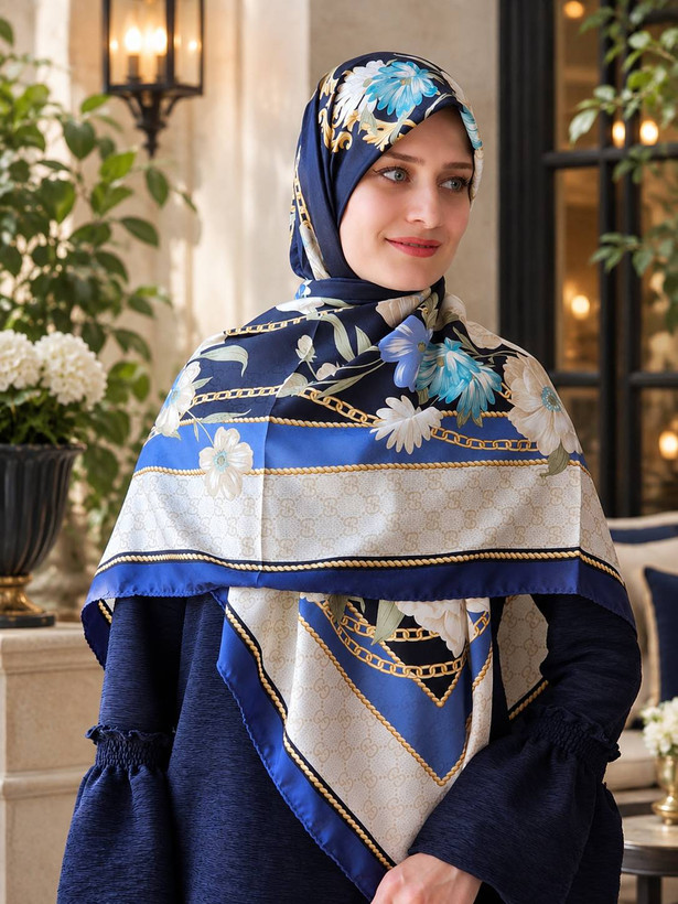 روسری ابریشم ژاکارد وارداتی سرمهای آبی سایز ۱۴۰