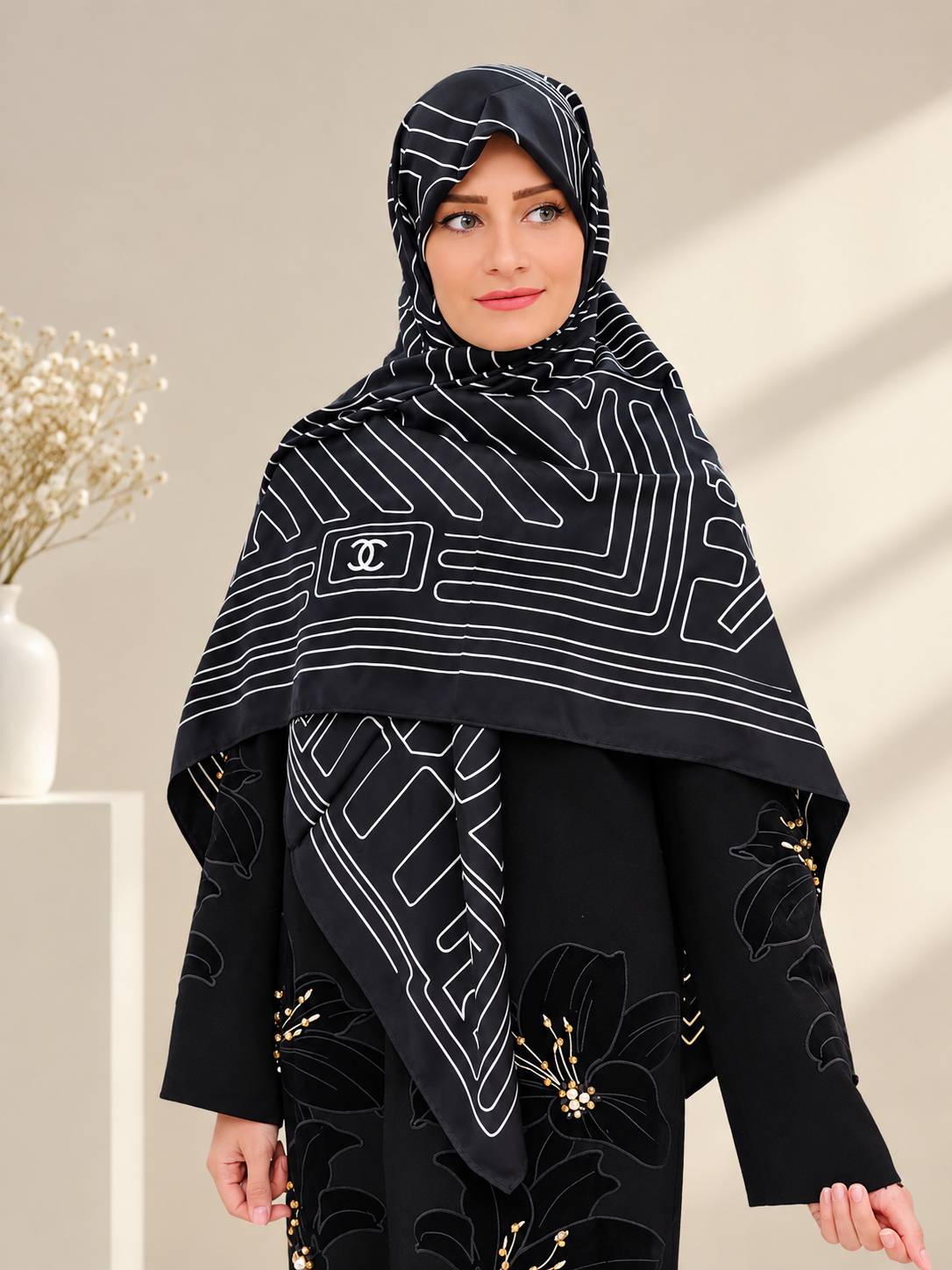 روسری ابریشم ژاکارد مشکی سفید وارداتی سایز ۱۴۰