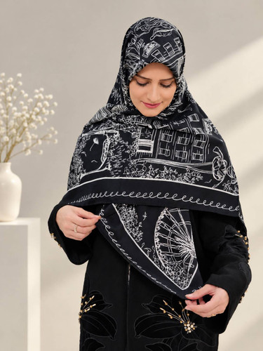روسری ابریشم ژاکارد مشکی سفید وارداتی سایز ۱۴۰