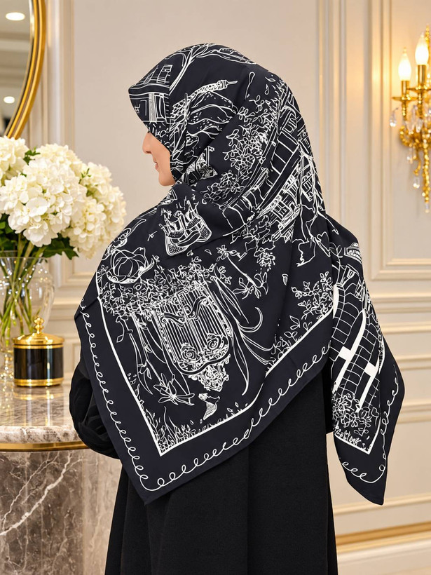 روسری ابریشم ژاکارد مشکی سفید وارداتی سایز ۱۴۰