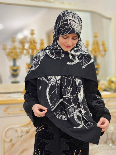 روسری ابریشم ژاکارد مشکی سفید وارداتی سایز ۱۴۰