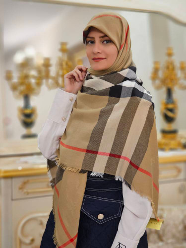 روسری نخی کشمیر باربری رنگ نسکافه ای وارداتی سایز ۱۴۰