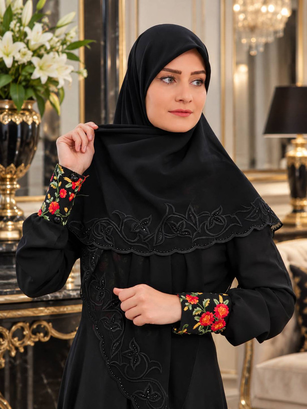روسری حریر کرپ اماراتی مشکی مزونی نگین دار