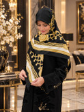 روسری ابریشم ژاکارد مشکی طلایی سفید سایز ۱۴۰