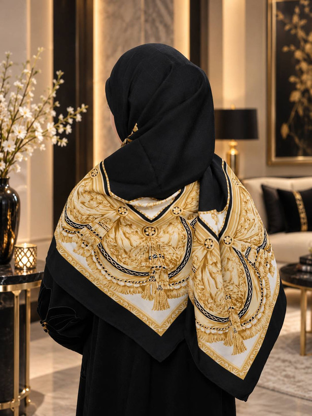 روسری ابریشم وارداتی مشکی طلایی سفید