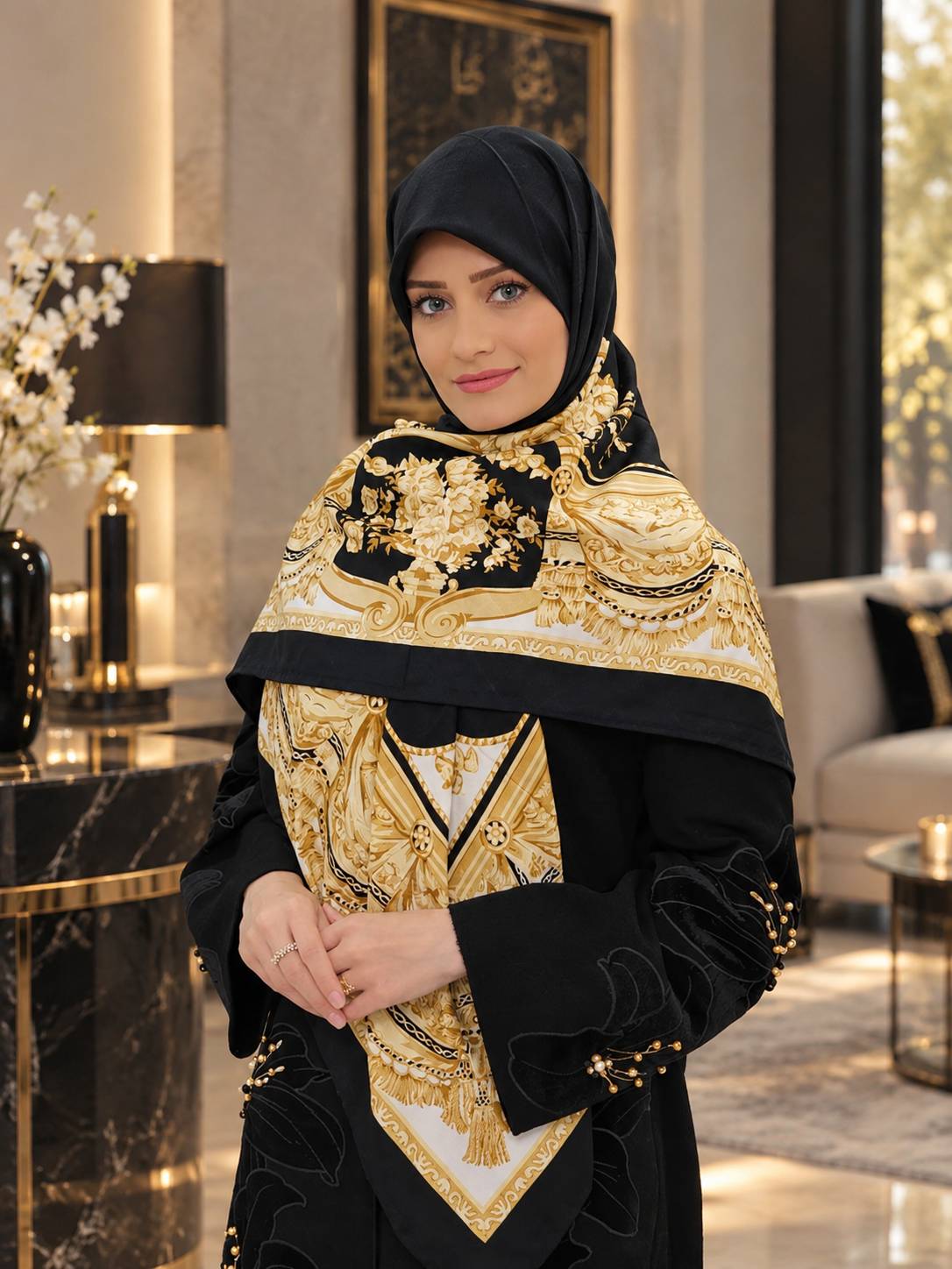 روسری ابریشم مشکی طلایی سفید