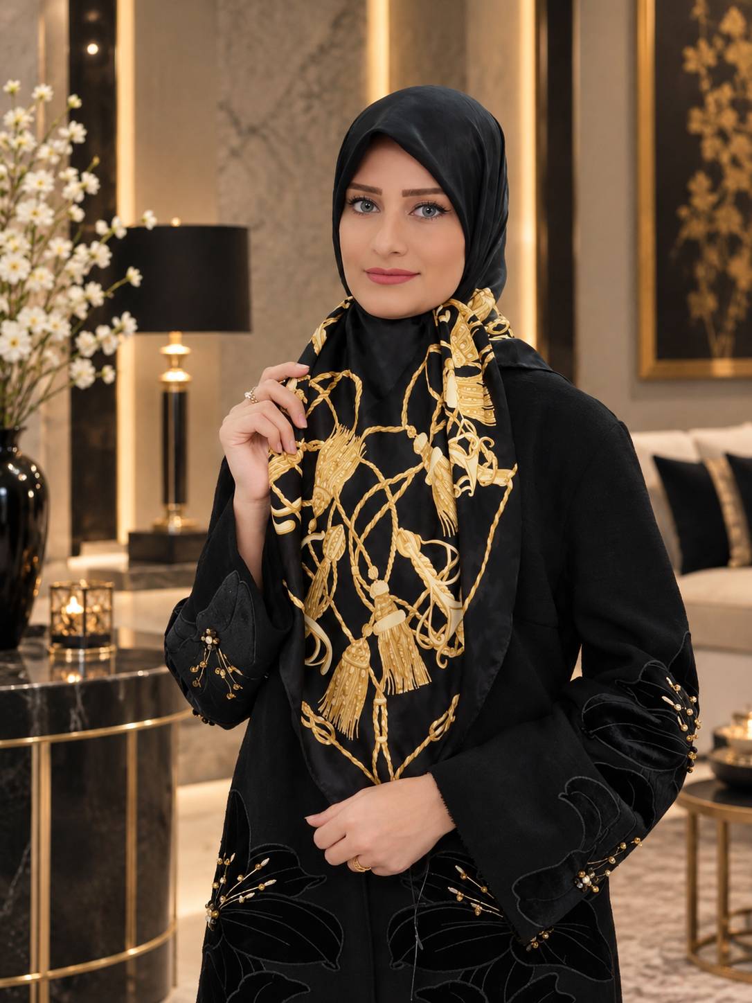 روسری ابریشم ژاکارد مشکی طلایی سایز ۱۲۰