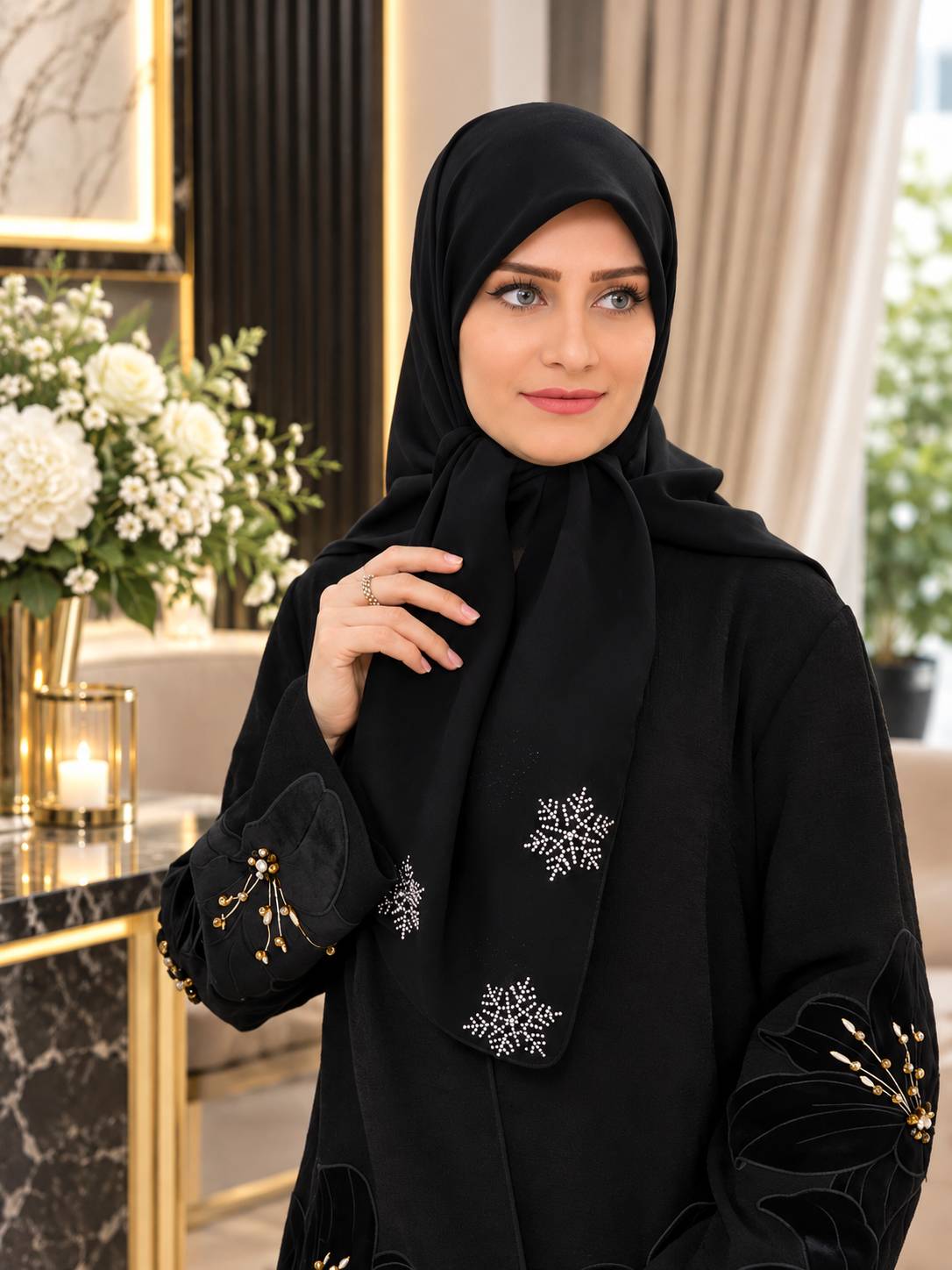 روسری مشکی حریر کرپ نگین دار سایز ۱۰۰