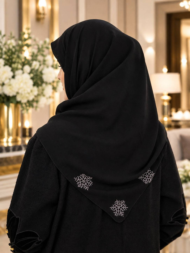روسری مشکی حریر کرپ نگین دار سایز ۱۰۰ ِ