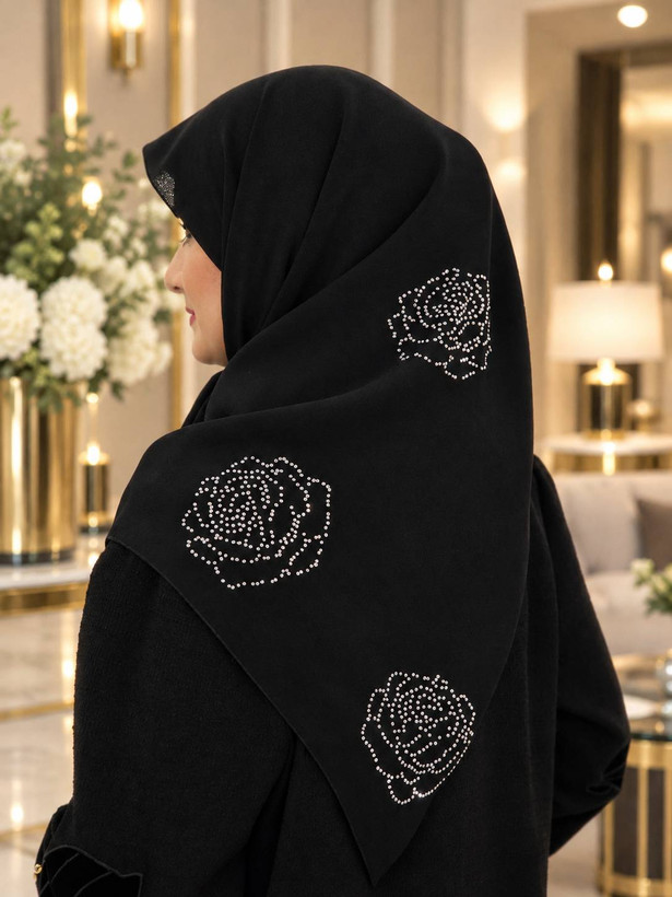 روسری مشکی حریر کرپ نگین دار سایز ۱۰۰ ِ