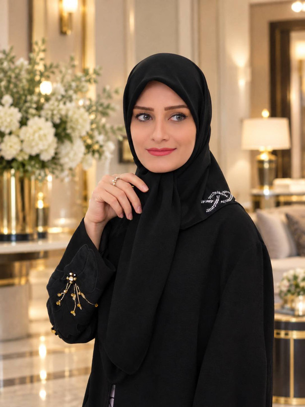 روسری مشکی حریر کرپ نگین دار سایز ۱۰۰ ِ