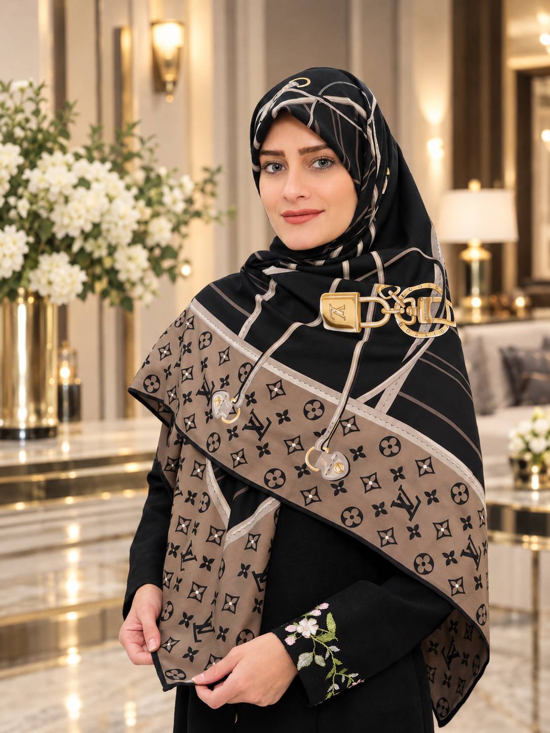 روسری ابریشم مشکی موکا ال وی نگین دار سایز ۱۳۰
